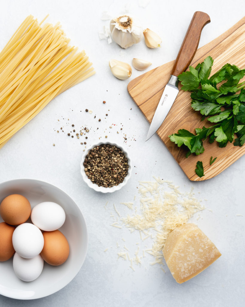 Creamy pasta carbonara is ready to be made with these ingredients