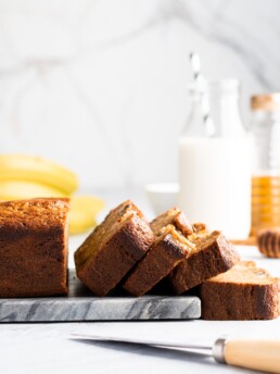 Moist and delicious golden banana bread is made with browned butter and bourbon, and baked to perfection.