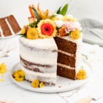 cinnamon, nutmeg, ginger, and all spice make up the spices for this warm and ultra moist carrot cake with cream cheese frosting