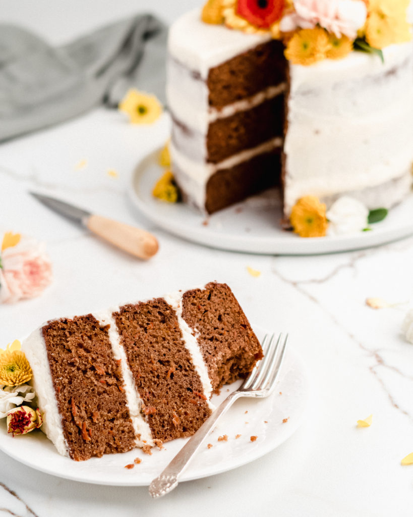 cinnamon, nutmeg, ginger, and all spice make up the spices for this warm and ultra moist carrot cake with cream cheese frosting