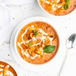 This Creamy Tomato and Tortellini Soup is vibrant in color and full of flavor. Made with San Marzano tomatoes, cream, cheesy tortellini, and a touch of white wine.