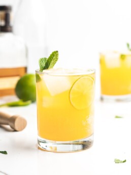 Fizzy and delicious, this cocktail features bourbon, mint, apricot nectar, and soda!