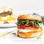 Cheddar, a fried egg, crispy bacon, juicy tomatoes, peppery arugula, sweet apple chutney, and savory bacon jam is all sandwiched between a garlicky everything bagel