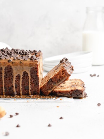 A deliciously moist chocolate chip loaf cake is swirled with dulce de leche