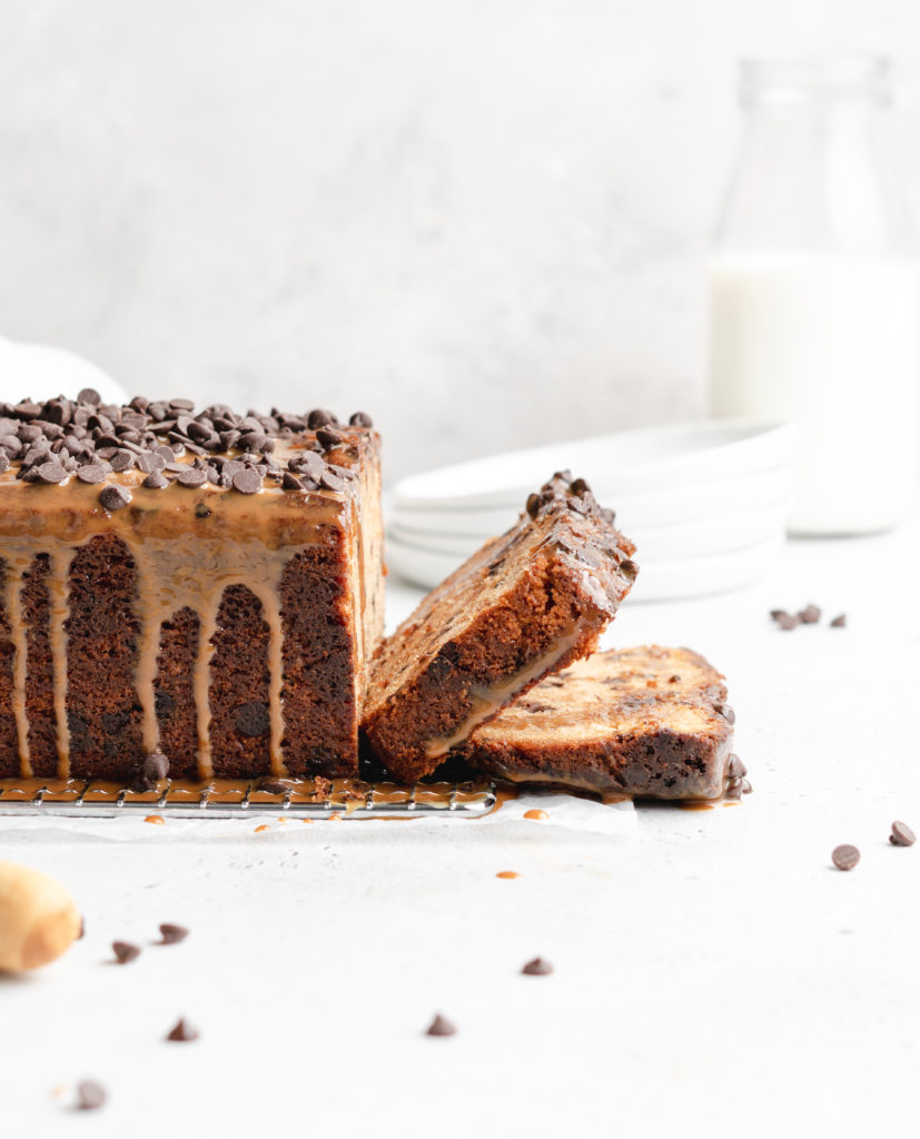 A deliciously moist chocolate chip loaf cake is swirled with dulce de leche