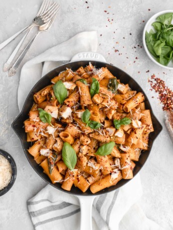 Tubes of rigatoni are smothered in a creamy sun-dried tomato pasta sauce with basil and little pieces of flavorful, juicy chicken