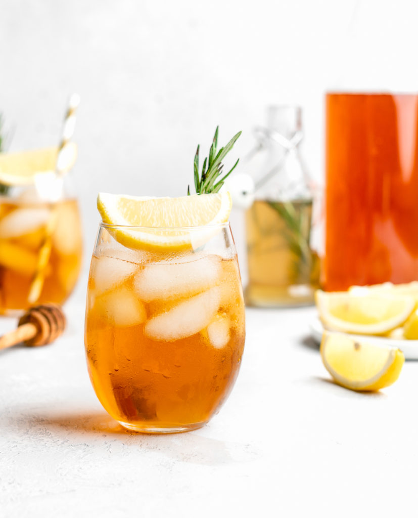 This non-alcoholic iced tea is sweetened with a rosemary honey simple syrup