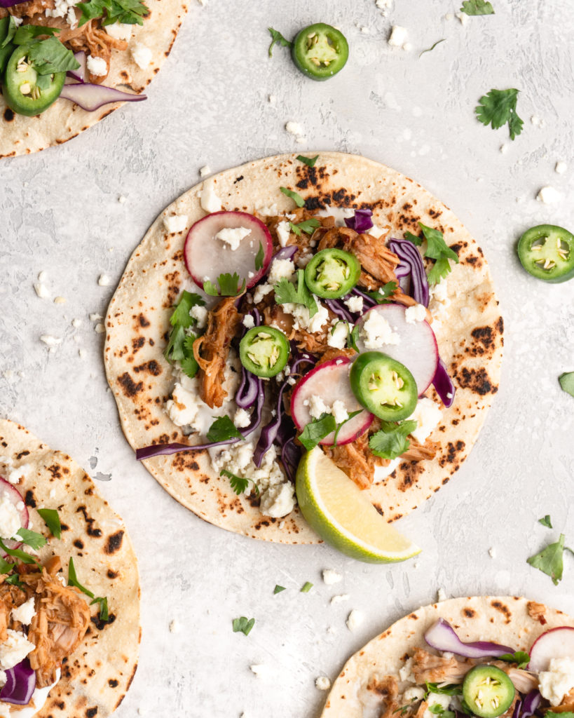 Pulled chipotle chicken is the main filling for these delicious tacos.