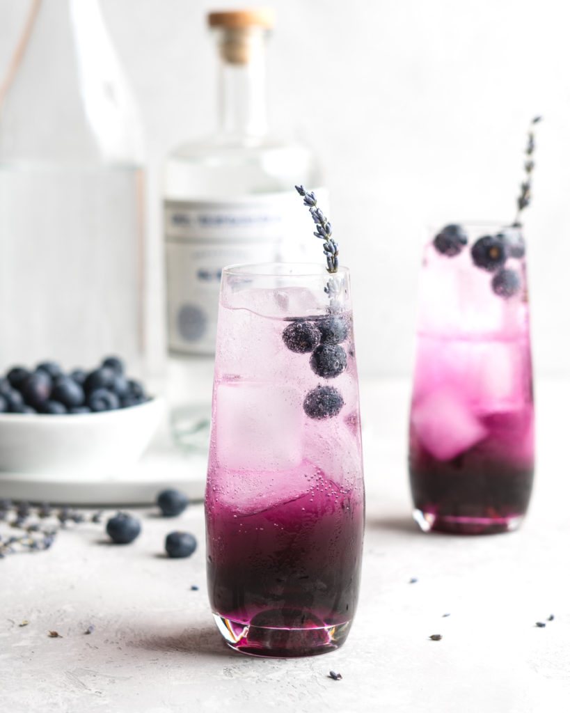 Blueberry juice, lavender syrup, gin, club soda, and a little bit of lemon make up the contents for this cocktail