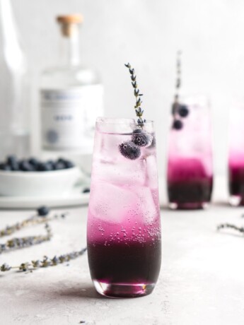 Blueberry juice, lavender syrup, gin, club soda, and a little bit of lemon make up the contents for this cocktail