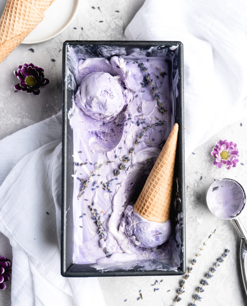 Lavender ice cream is swirled with earl grey vanilla bean ice cream in this no-churn style ice cream