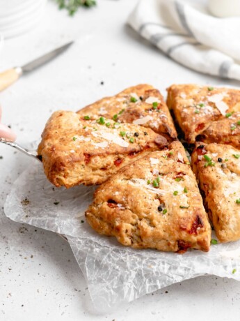 Flaky, tender scones that feature balsamic roasted red peppers, goat cheese, fresh rosemary, and parmesan cheese