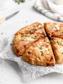 Flaky, tender scones that feature balsamic roasted red peppers, goat cheese, fresh rosemary, and parmesan cheese