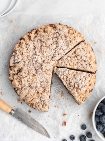 This moist coffee cake is speckled with juicy blueberries throughout and topped with a sweet brown butter streusel topping