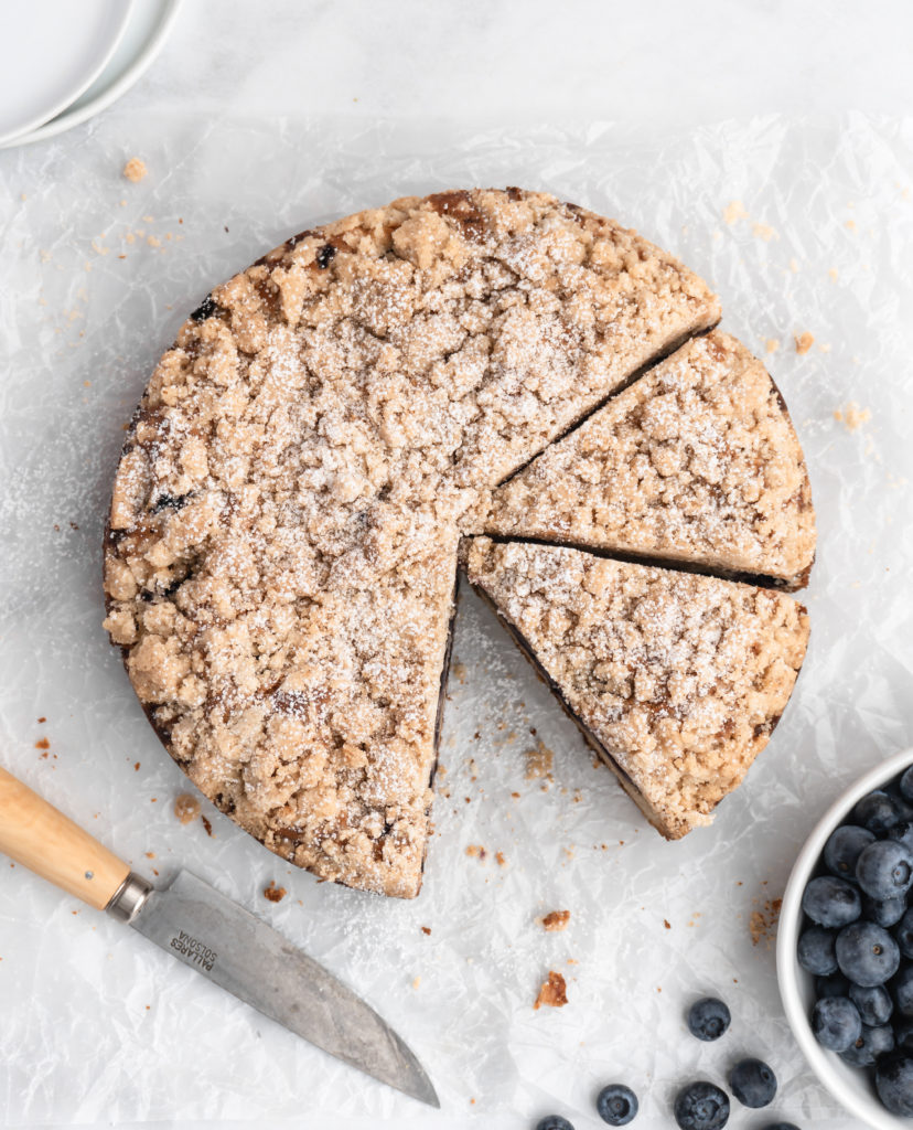 This moist coffee cake is speckled with juicy blueberries throughout and topped with a sweet brown butter streusel topping