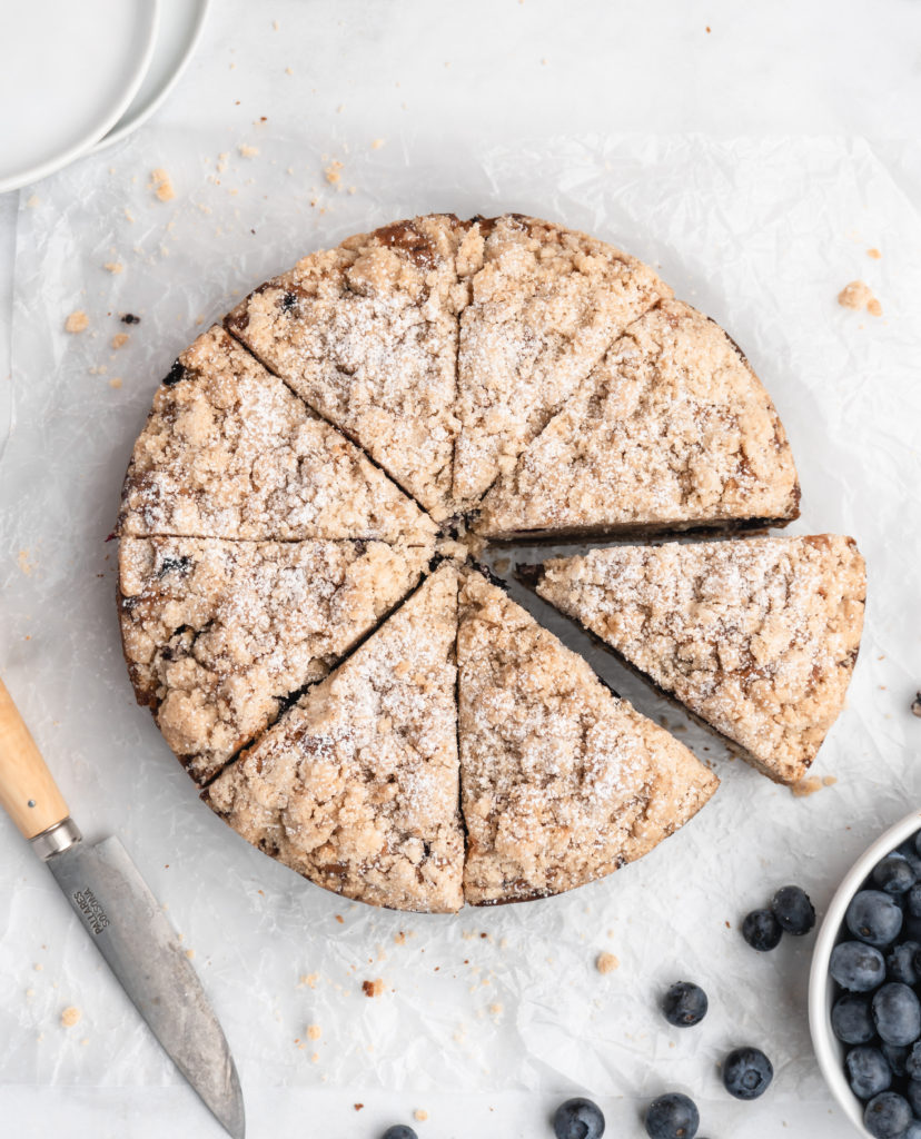 This moist coffee cake is speckled with juicy blueberries throughout and topped with a sweet brown butter streusel topping