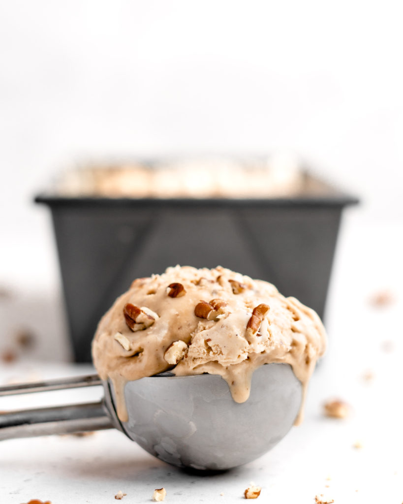 this no churn ice cream features pecans in a sweet bourbon caramel sauce