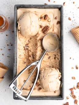 this no churn ice cream features pecans in a sweet bourbon caramel sauce