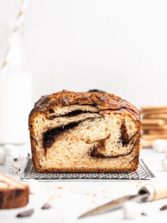 The beautiful babka loaf is filled with chocolate spread, crushed graham crackers, mini marshmallows, and topped with a graham cracker streusel