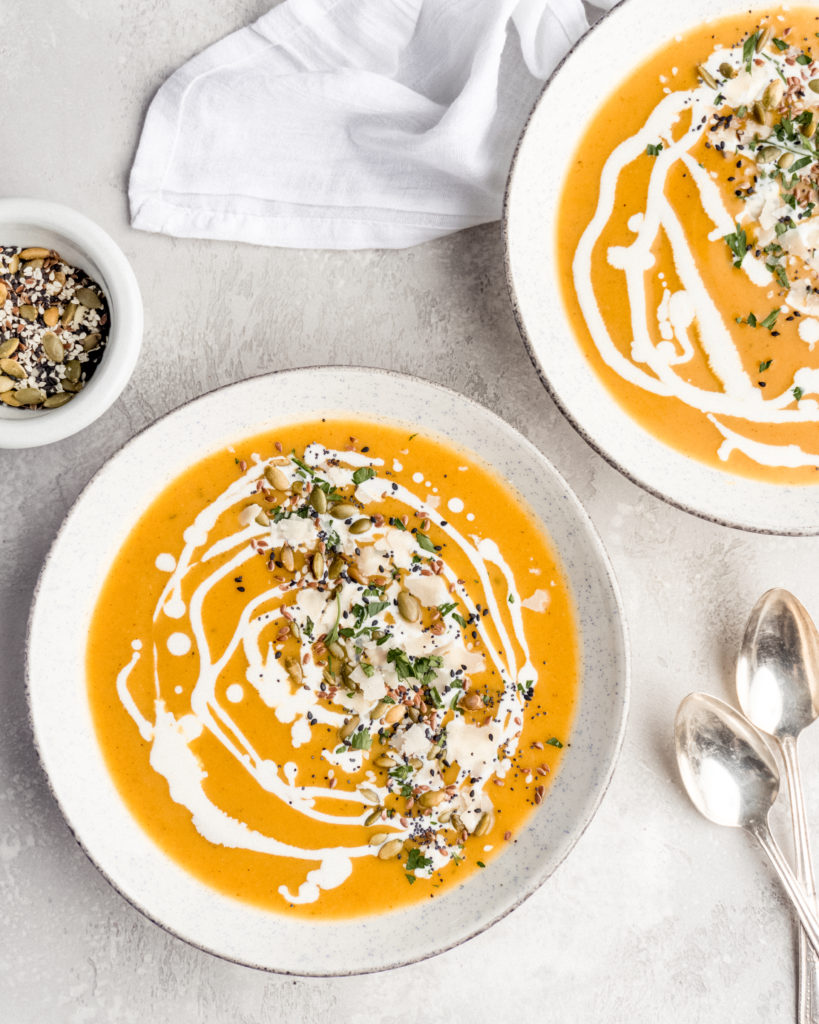 This Bourbon Butternut Squash Soup features both  sweet and savory element, and is super easy to make!