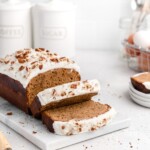 This Gingerbread Loaf Cake is spiced with cinnamon, ginger, allspice, and molasses, and topped with a sweet, tangy cream cheese frosting