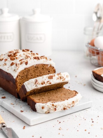 This Gingerbread Loaf Cake is spiced with cinnamon, ginger, allspice, and molasses, and topped with a sweet, tangy cream cheese frosting