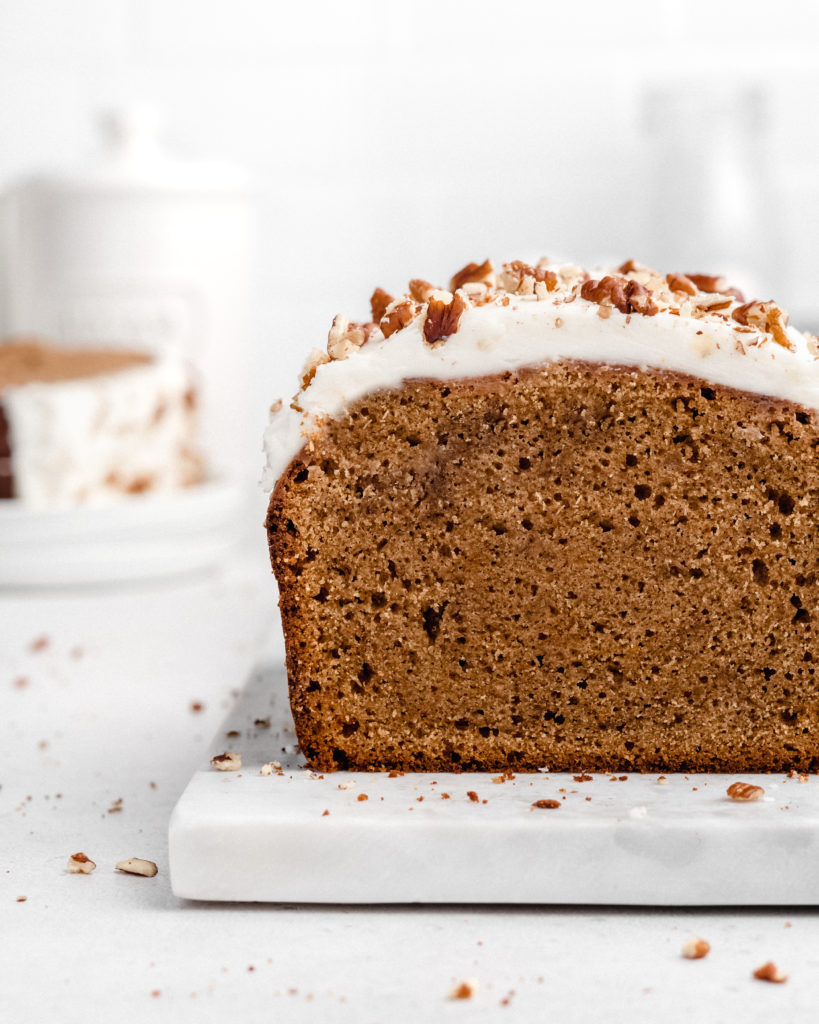 This Gingerbread Loaf Cake is spiced with cinnamon, ginger, allspice, and molasses, and topped with a sweet, tangy cream cheese frosting
