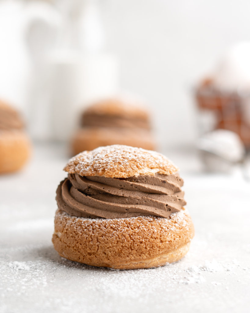 These cream puffs feature a crispy craquelin topping, and a creamy mocha pastry cream