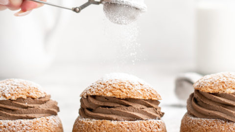 These cream puffs feature a crispy craquelin topping, and a creamy mocha pastry cream