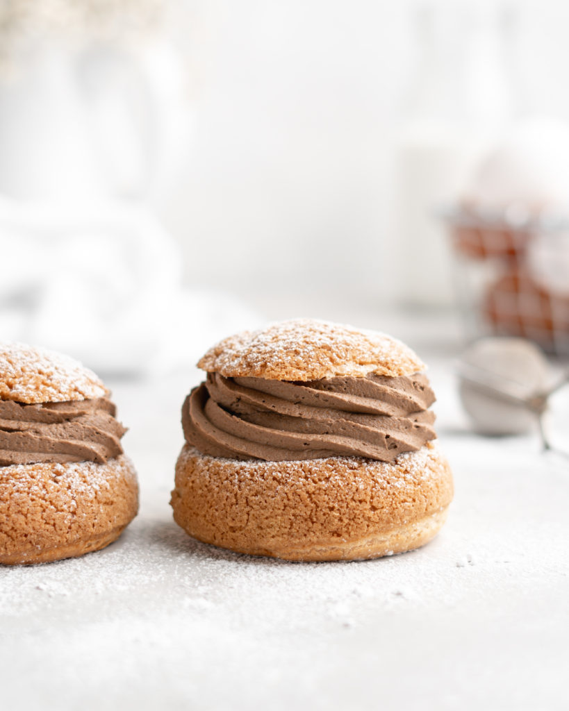 These cream puffs feature a crispy craquelin topping, and a creamy mocha pastry cream