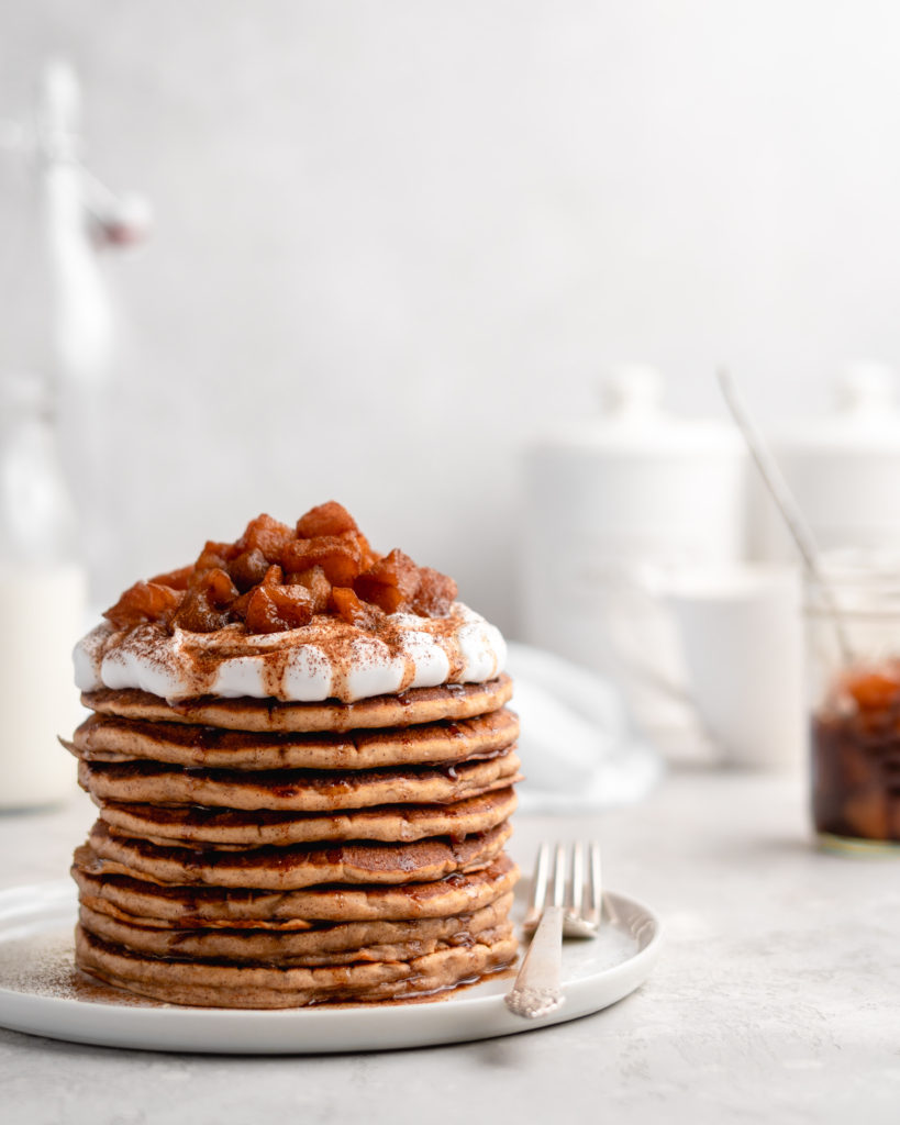 These fluffy apple cinnamon pancakes are topped with a delicious apple compote and apple syrup