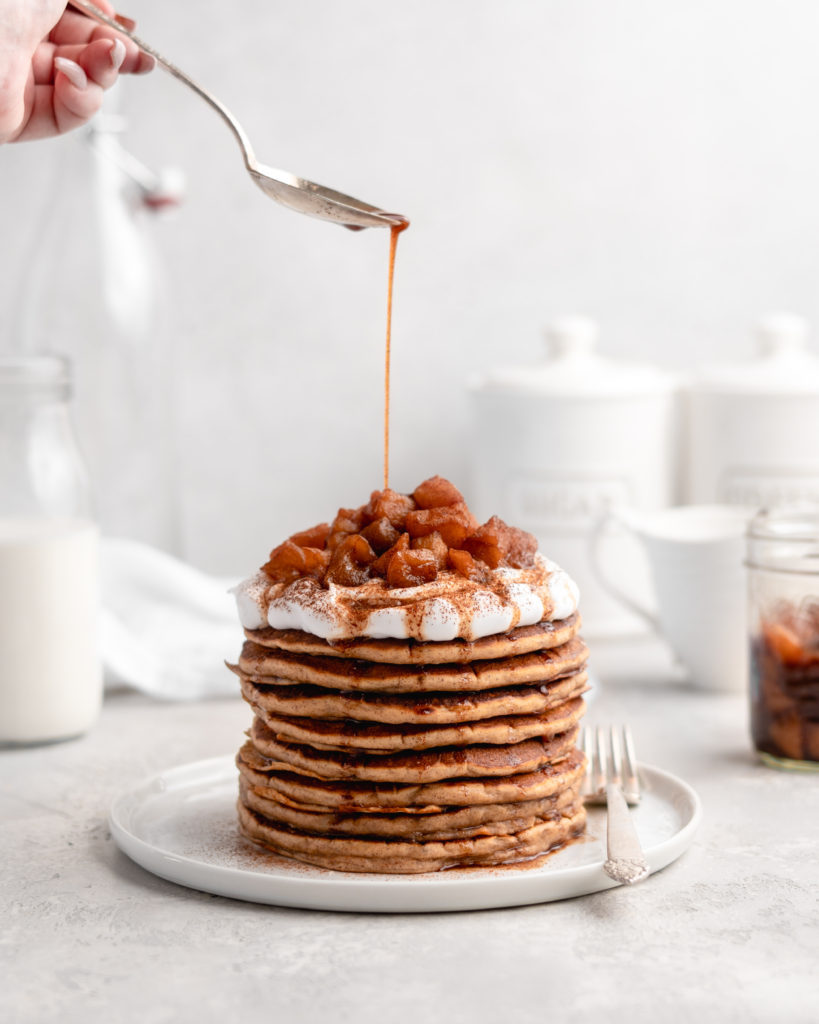 These fluffy apple cinnamon pancakes are topped with a delicious apple compote and apple syrup