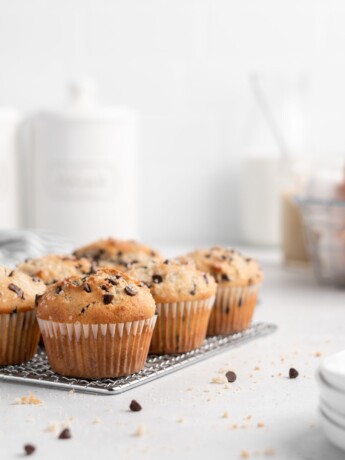 These bakery style chocolate chip muffins feature tahini for a nutty flavor twist