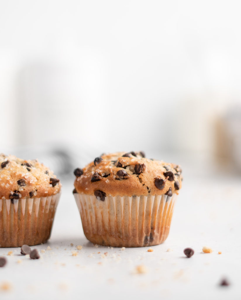 These bakery style chocolate chip muffins feature tahini for a nutty flavor twist