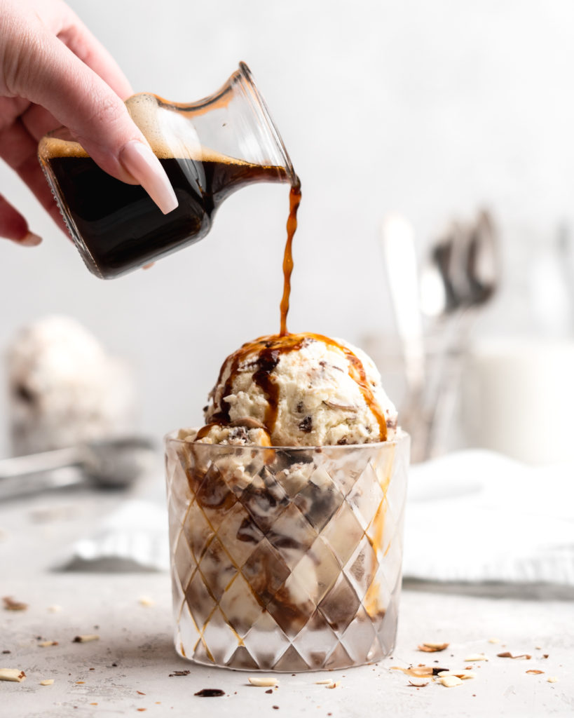 No churn almond ice cream is infused with a mocha swirl and full of chopped almonds