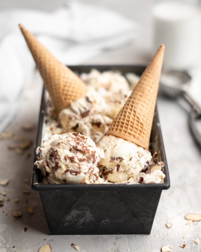No churn almond ice cream is infused with a mocha swirl and full of chopped almonds