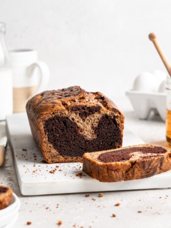 Half chocolate half traditional banana bread has a marble effect