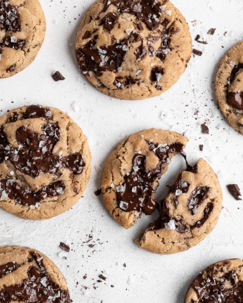 Chewy center, crispy outside brown butter chocolate chip cookies are filled with pools of creamy chocolate