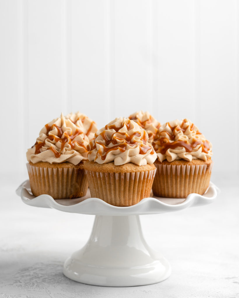 Earl Grey Cupcakes with Salted Caramel Buttercream on a cake stand