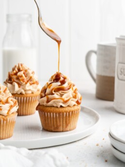 Earl Grey Cupcakes with Salted Caramel Buttercream are drizzled with more salted caramel