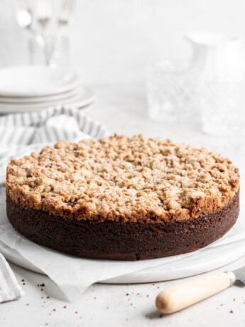 Fluffy, moist chocolate cake is topped with a buttery, crunchy toffee streusel topping