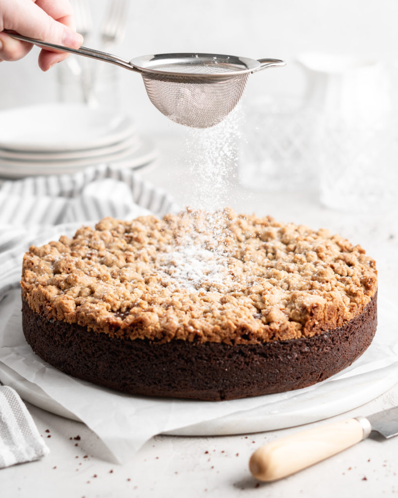 Fluffy, moist chocolate cake is topped with a buttery, crunchy toffee streusel topping