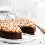 Fluffy, moist chocolate cake is topped with a buttery, crunchy toffee streusel topping