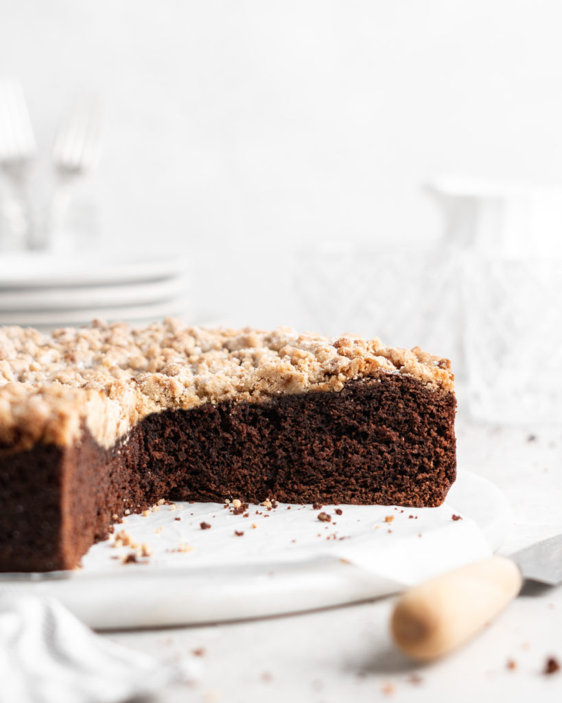 Fluffy, moist chocolate cake is topped with a buttery, crunchy toffee streusel topping