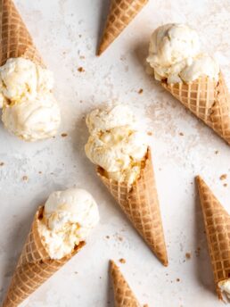 Homemade no churn salted honey and peach ice cream in cones