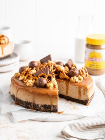 SunButter Cheesecake features a chocolate pretzel crust and is topped with a salted caramel sauce