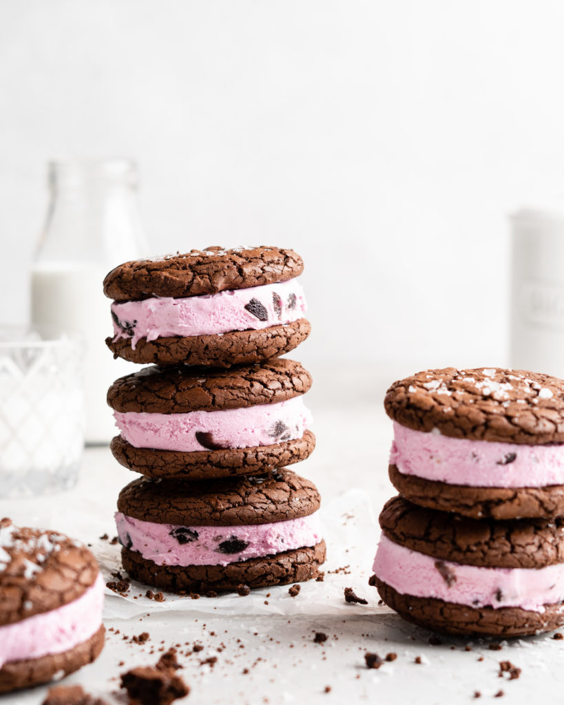 Fudgy chocolate cookies are sandwiched over black berry ice cream to make these Black Forest Ice Cream Sandwiches