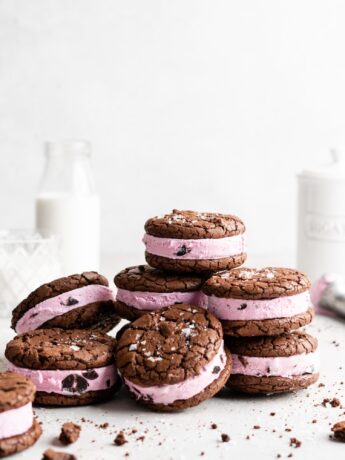 Fudgy chocolate cookies are sandwiched over black berry ice cream to make these Black Forest Ice Cream Sandwiches