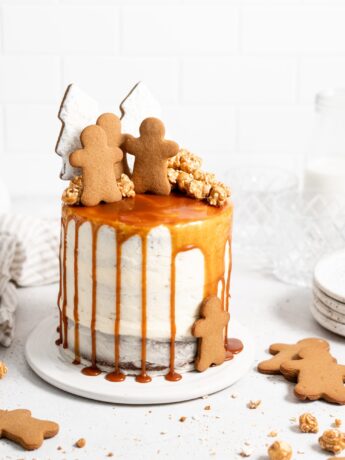 Naked style gingerbread layer cake with cream cheese frosting and salted caramel drip