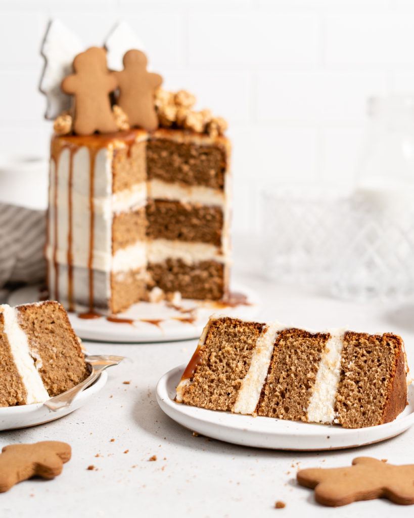 Naked style gingerbread layer cake with cream cheese frosting and salted caramel drip